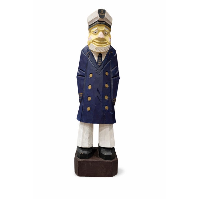 Wood Tall 1970's Vintage Coastal Nautical Folk Art Hand-Carved Wooden Sea Captain Sculpture – 17.5” For Sale - Image 7 of 7