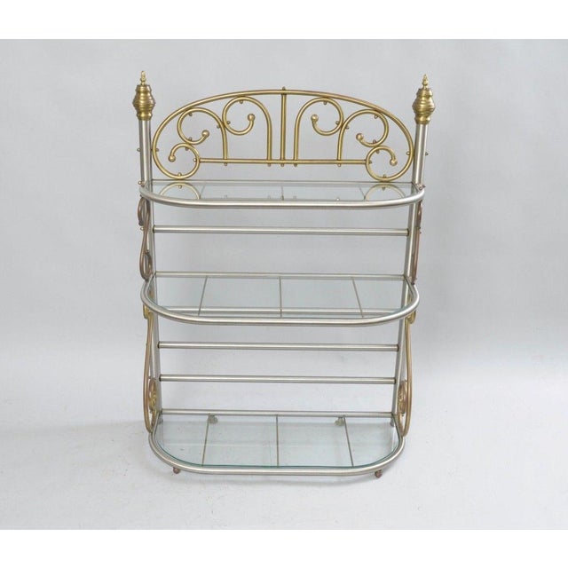 Vintage Small French Style Bakers Rack Scrolling Steel & Brass Glass