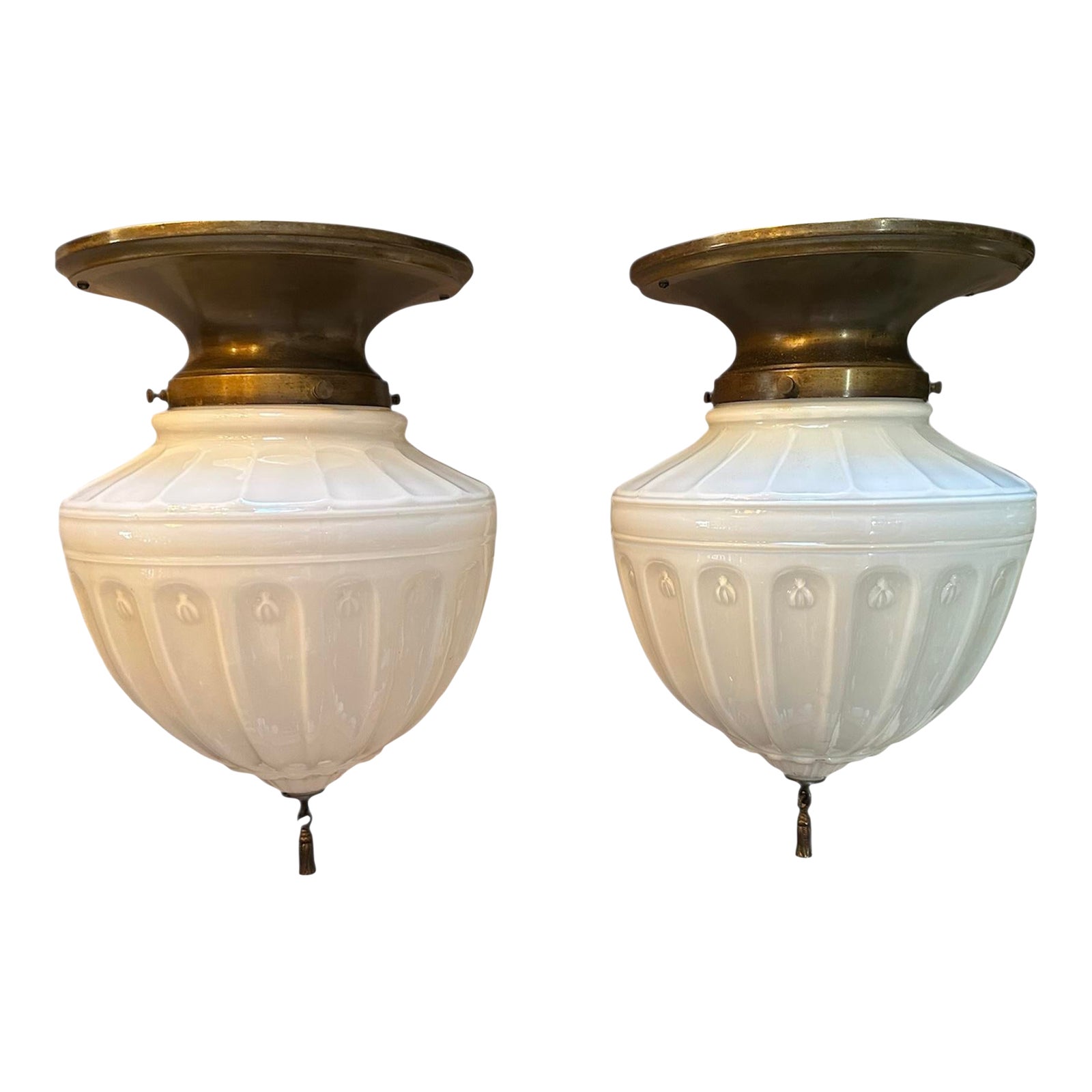 Rare Pair of Large Embossed Cast Glass Flushmount Fixtures Circa 1910 ...