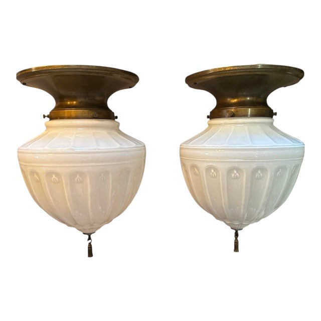 Rare Pair of Large Embossed Cast Glass Flushmount Fixtures Circa 1910 For Sale