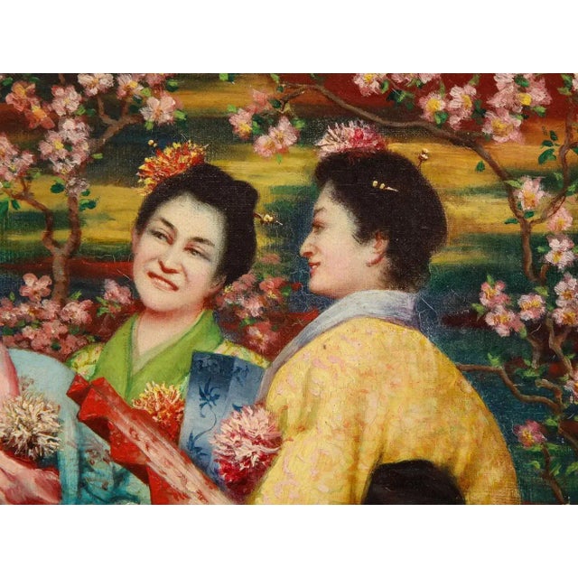 Early 21st Century Late 19th Century French Japonisme Oil Painting on Canvas of Three Geishas Signed JA, Framed For Sale - Image 5 of 11