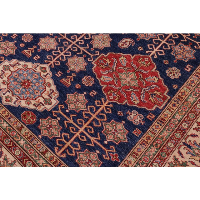 Boho Chic Super Kazak Blue/Beige Wool Rug - 7'10'' X 10'1'' For Sale - Image 4 of 10
