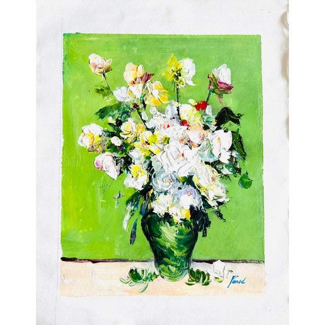 Stunning, Impressionist still life oil painting of white flowers in a green vase on heavy cotton canvas. UNFRAMED. Signed.