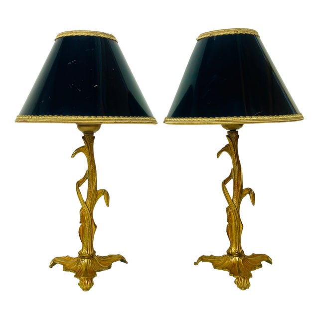 Art Nouveau Style Brass Foliage Table Lamps France 1950s, Set of 2 For Sale