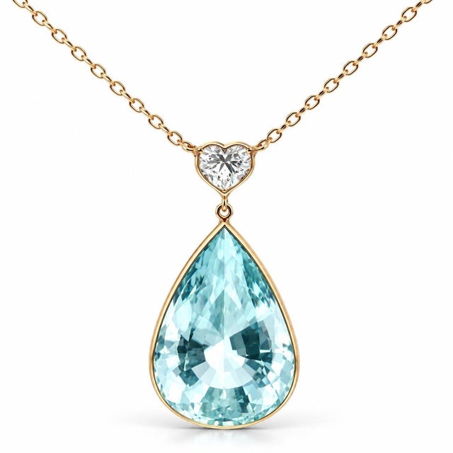 Contemporary 18k Yellow Gold Pear Aquamarine & Gia Diamond Necklace For Sale - Image 3 of 7