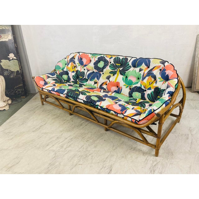 Vintage Rattan Sofa With Vibrant Reupholstered Cushions Chairish