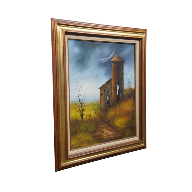 Vintage barn country landscape oil painting by American artist Everett Woodson. The work features a dilapidated barn and...