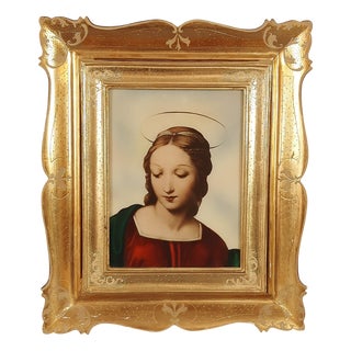 Illuminated Madonna Print on Glass in Vintage Wooden Frame, 1950s For Sale