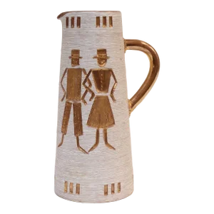 Italian Terracotta Gold Glazed Incised Figural Pitcher by Fratelli Fanciullacci