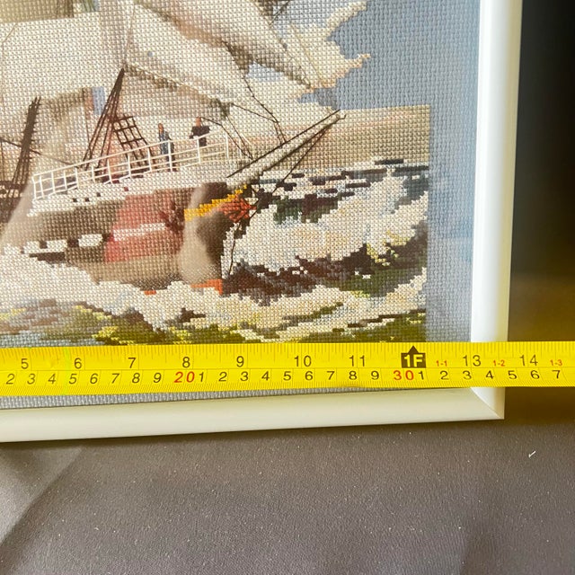 Vintage Signed Nautical Cross Stitch Ship Framed Textile Art c.1992 For Sale In Portland, OR - Image 6 of 11