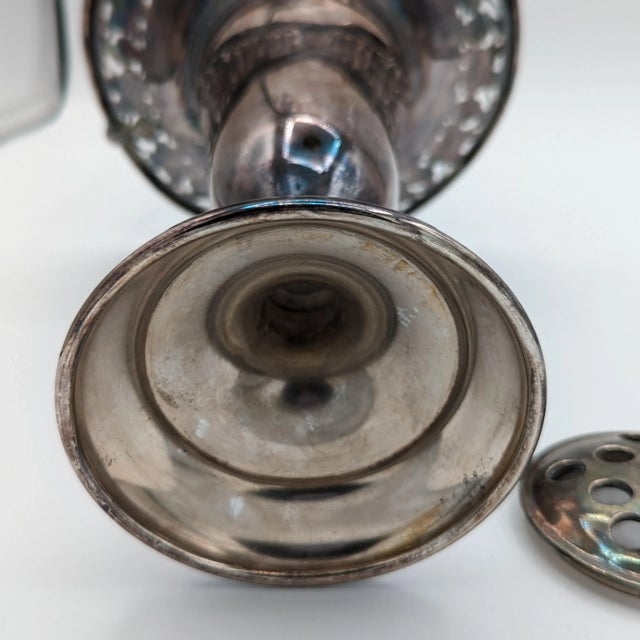 Antique Silver Plated Reticulated Stem Vase Flower Basket With Lead Weighted Flower Frog and Handle, Made in Canada For Sale - Image 9 of 11