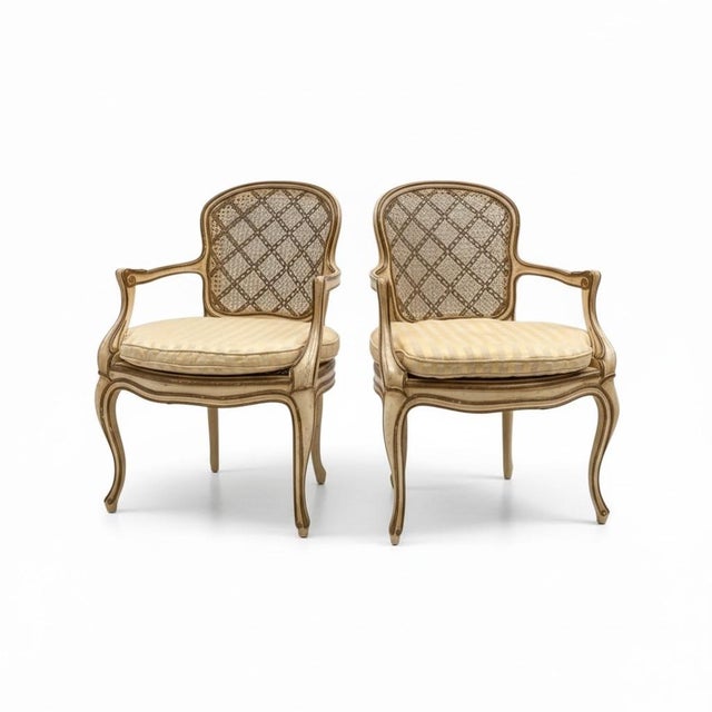 1950s French Louis VI Style Gilt and Painted Bergere Chairs, Pair For Sale - Image 4 of 5