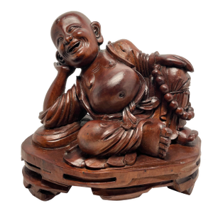 Vintage Chinese Happy Laughing Buddha Wooden Statue Hand Carved Red Sculpture