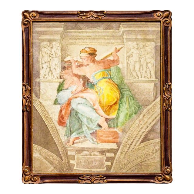 Neoclassical Antique Painted Watercolor Effect Michaelangelo Framed Sistine Chapel Art History Libica Grand Tour For Sale