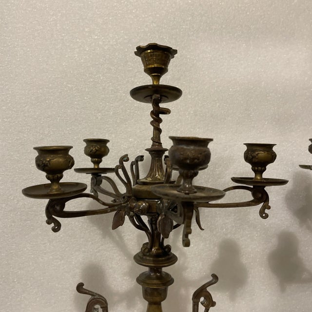 Art Nouveau Fine French Art Nouveau Bronze Candelabra on Marble Bases - A Pair For Sale - Image 3 of 7