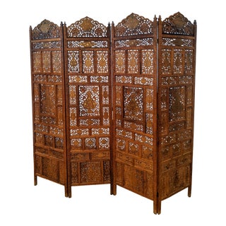 Vintage Mid 20th Century Anglo Indian Carved Teakwood & Brass Inlay 4 Panel Screen For Sale