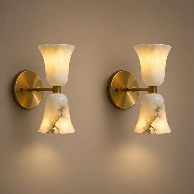 Not Yet Made - Made To Order Contemporary Brass & Natural Alabaster Double Wall Sconces, Bathroom Vanity & Bedroom Lighting - Set of 2 For Sale - Image 5 of 7