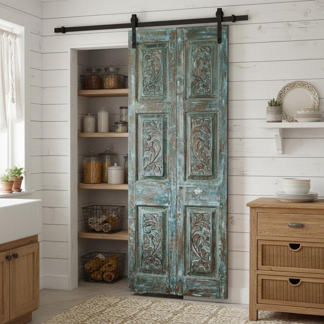 1920s Antique Blue Floral Hand-Carved Barn Door in Reclaimed Wood | Sliding Statement Door 80x32 For Sale - Image 5 of 5