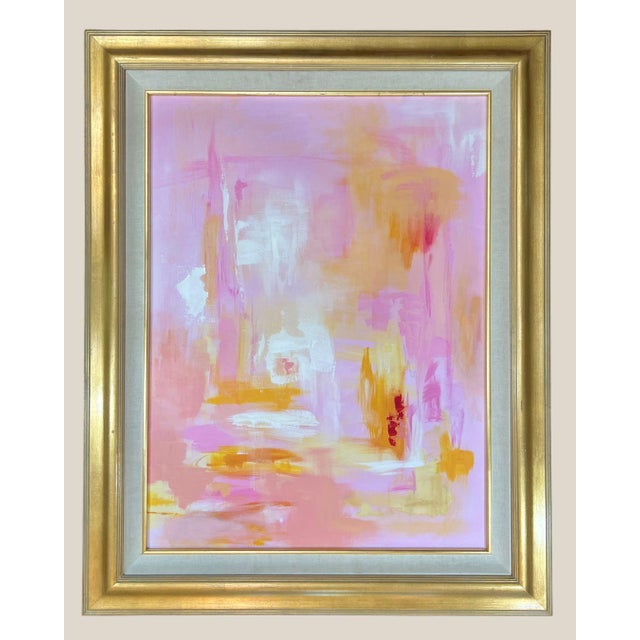 Pink, Yellow and White Abstract Study by Contemporary California Artist This modern abstract painting is layered in soft...