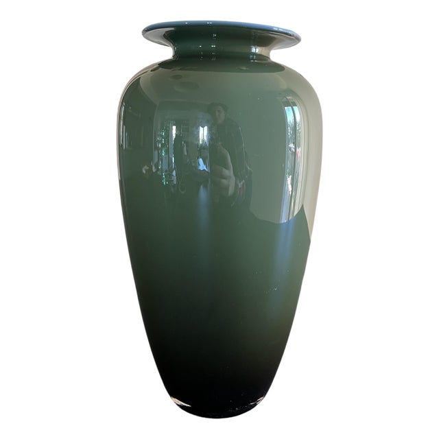 Rounded Green Glass Vase with Light Blue Rim and White Interior, 20th Century For Sale