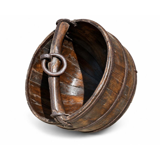 Wood Giant Wooden Well Bucket With Iron Bands 19th Century Chinese Rustic 20lb Firewood Holder For Sale - Image 7 of 18