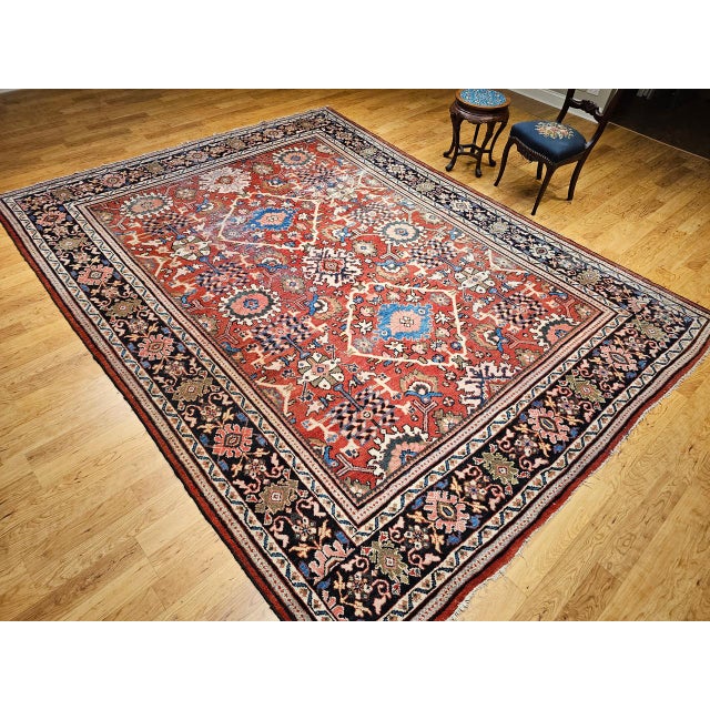 Antique Persian Mahal Sultanabad Rug, Hand-Knotted Wool, Geometric Pattern, 9x12, Red & Navy For Sale In Chicago - Image 6 of 18