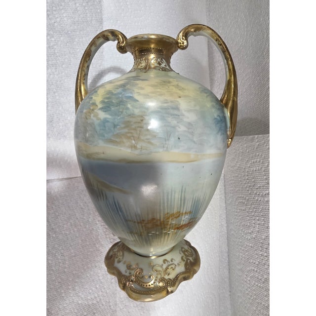Nippon Hand Painted Flowers Vase With Two Gilded Handles For Sale - Image 4 of 7