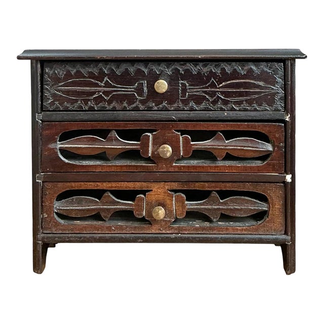 Vintage Carved Wood Miniature Chest For Sale