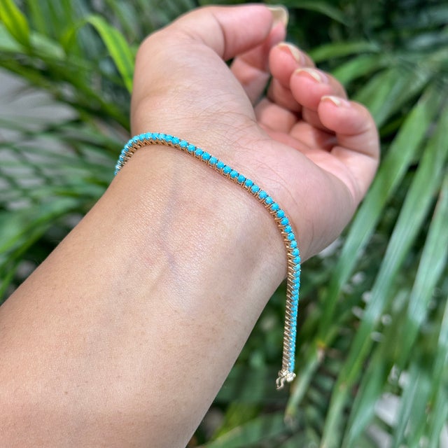 Minimalism Modern Dainty Turquoise 3.11ct Gemstone Tennis Bracelet in 14k Solid Gold For Sale - Image 3 of 15