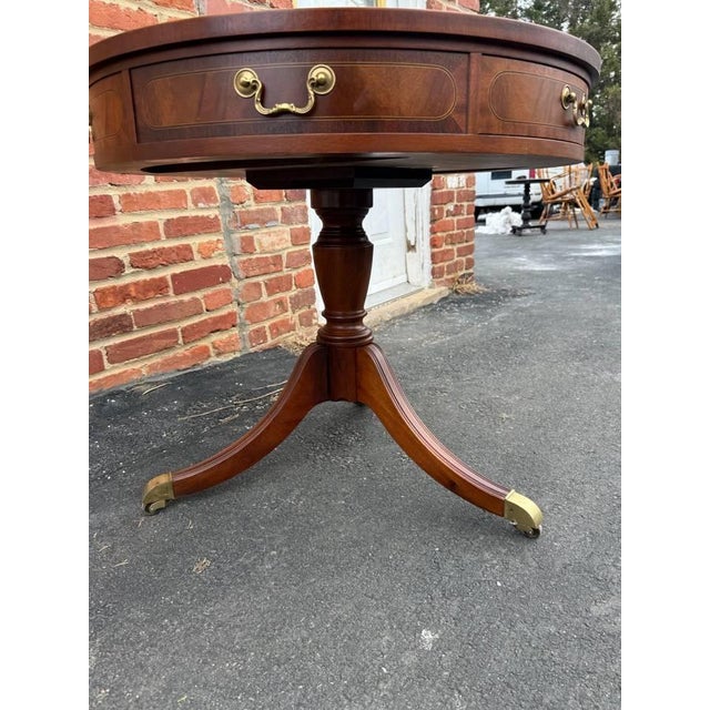 English Late 20th Century Baker Furniture Federal Style Inlaid Mahogany Two-Drawer Pedestal Base Drum Table Side Table For Sale - Image 3 of 17