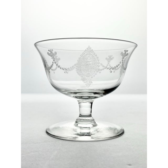1940s Vintage Set of 10 Federalist-Style Etched Coupe Champagne Glasses For Sale - Image 4 of 6