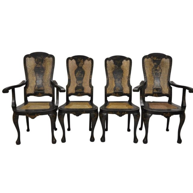 Antique Chinoiserie Queen Anne Hand Painted Floral Cane Dining Chairs - Set of 4 For Sale - Image 12 of 12