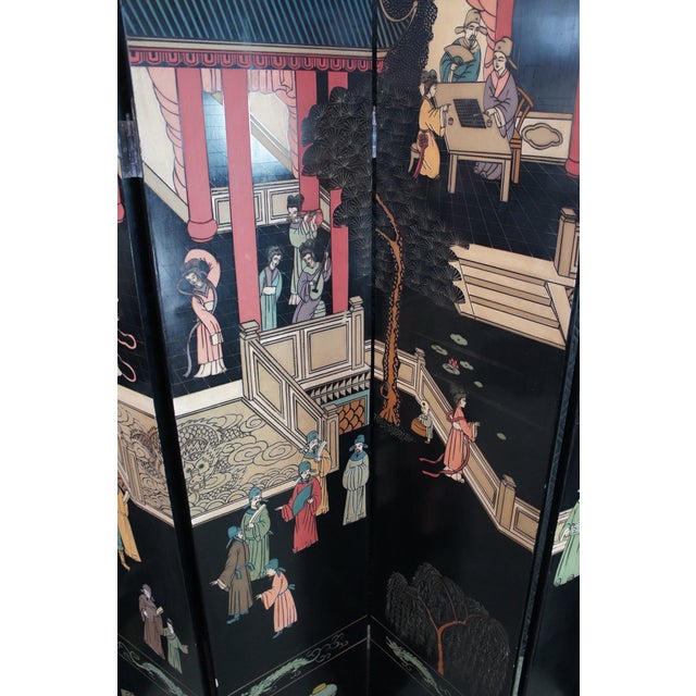 Chinese Coromandel Black Lacquer 8 Panel Folding Screen Room Divider 128" For Sale - Image 9 of 17