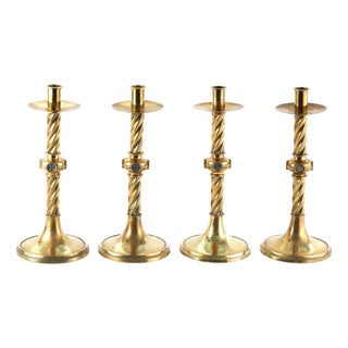 Mid 19th Century Ecclesiastical Brass Candlesticks with Spiral Twist Stems, 1860, Set of 3 For Sale