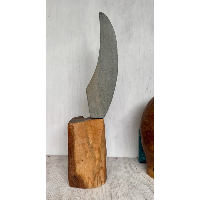 Vintage Modern Granite Brass and Wood Abstract Minimalist Sculpture For Sale - Image 4 of 9