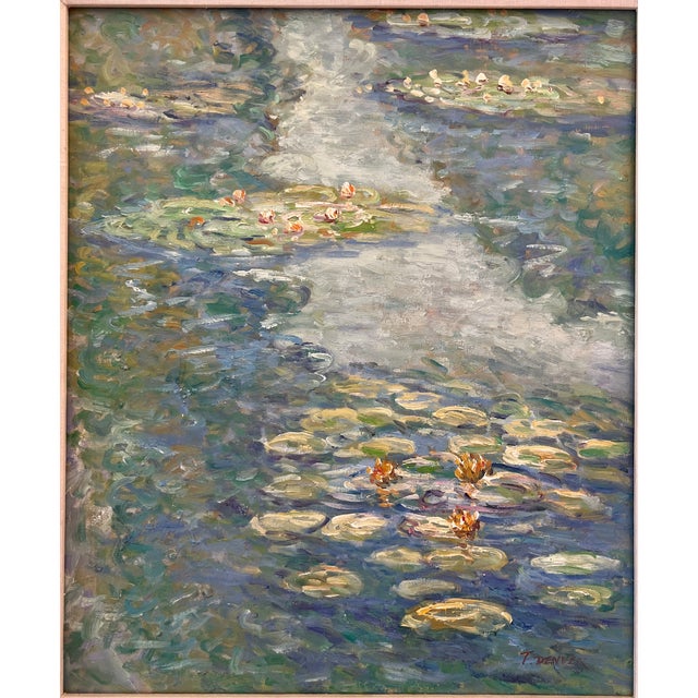 1980s Signed Oil Painting, Style of Monet's Water Lilies With Gold Ornate Frame For Sale In Sacramento - Image 6 of 18