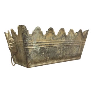 Vintage French Tole Monteith Style Rectangular Cache Pot / Jardinere / Planter With Lion Head Rings in Patinated Finish For Sale