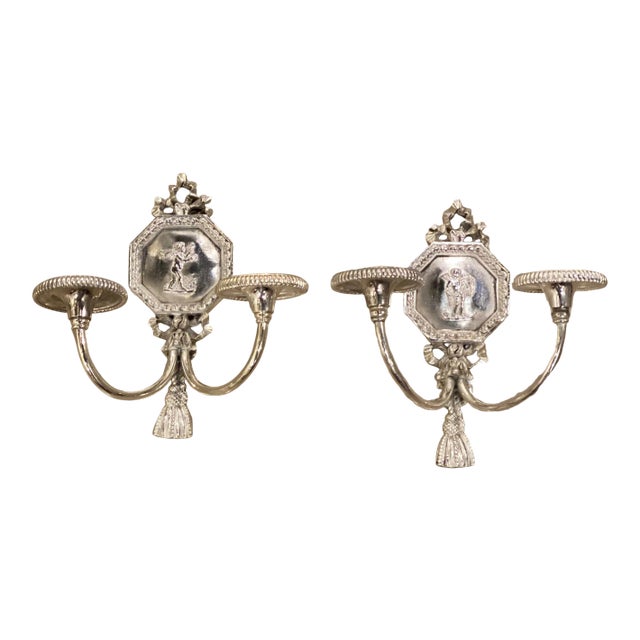 1920s Caldwell Small Silver Plated Sconces With Cherubs - Pair For Sale