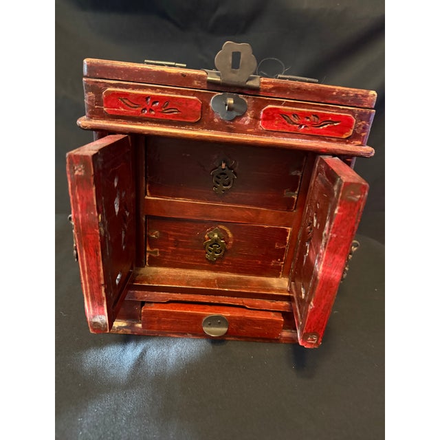 Vintage Chinese Red Lacquered Carved Wood Jewelry Box Vanity With Mirror For Sale - Image 4 of 10
