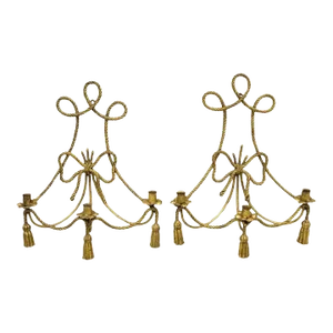 Mid 20th Century Italian Hollywood Regency Gold Gilt Rope Tassel Candle Holder Wall Sconce - Pair