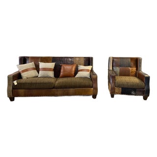Paul Robert Mixed Fabric and Leather Sofa & Chair For Sale