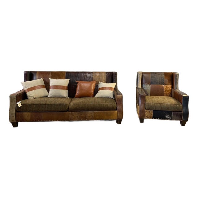 Paul Robert Mixed Fabric and Leather Sofa & Chair For Sale
