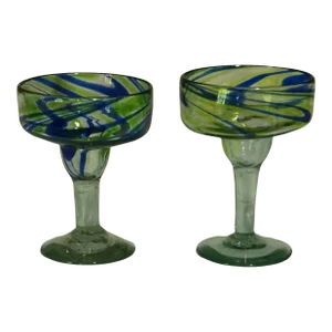 Late 20th Century Art Glass Hand Blown Venetian Style Green & Blue Swirls Glasses Desert Cups- Set of 2