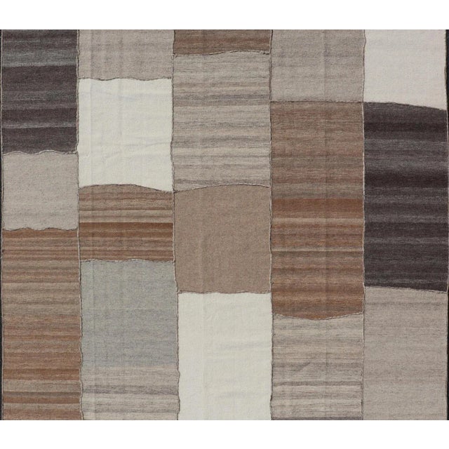 Abstract Modern Kilim Rug in Multi-Panel Striped Design With Brown, Gray, White and Taupe 9'2 X 11'10 For Sale - Image 3 of 12