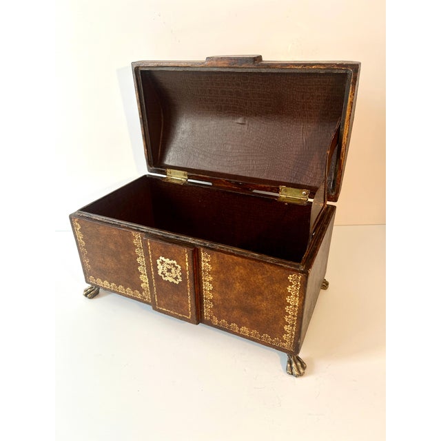 Mid 20th Century Mid 20th Century Hand Crafted Leather and Gold Tooled Hinged Box with Brass Lion Paw Feet For Sale - Image 5 of 7