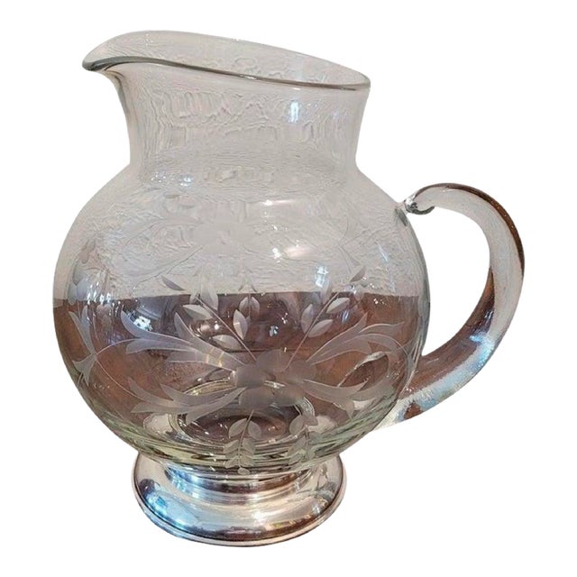 Early 20c Etched Crystal Jug With Sterling Silver Base by Arthur a Everts of Dallas For Sale