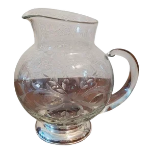 Early 20c Etched Crystal Jug With Sterling Silver Base by Arthur a Everts of Dallas
