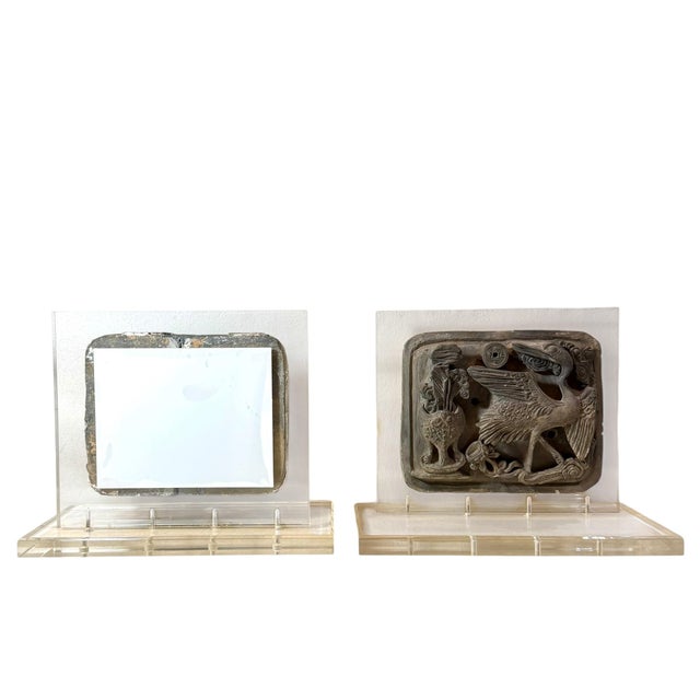 Early 18th Century Chinese Stone Relief Carvings on Custom Lucite Stands - A Pair For Sale - Image 13 of 17