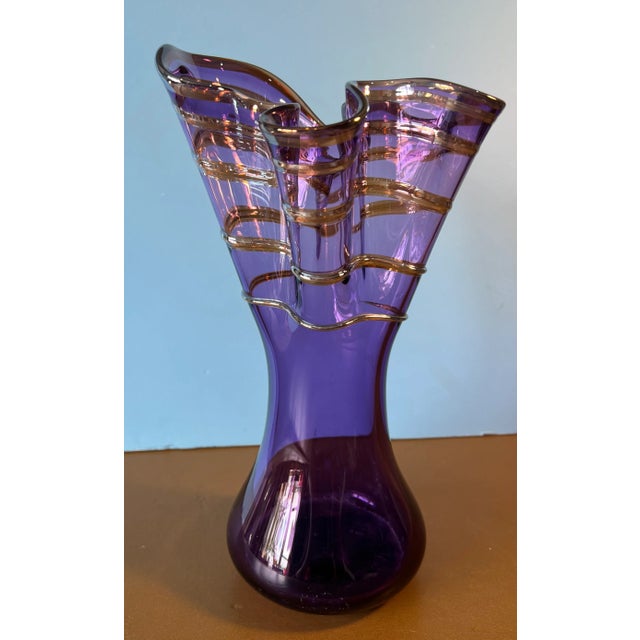 Signed Rich Pitkethly Art Glass Amethyst Handkerchief Vase With Swirled Lines For Sale - Image 10 of 12