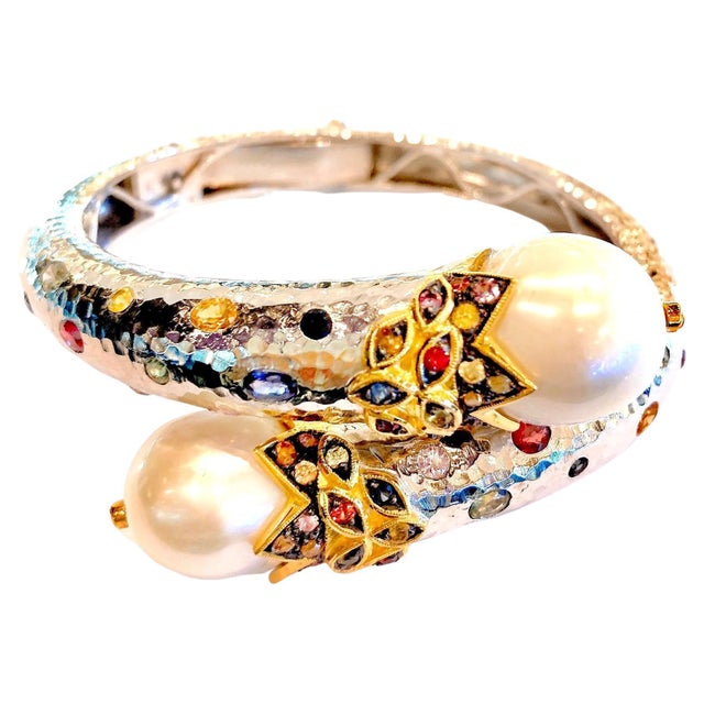Late 20th Century BOCHIC “Orient” Vintage Bangle Set 18K Gold & Silver, Pearls & Sapphires For Sale - Image 5 of 12
